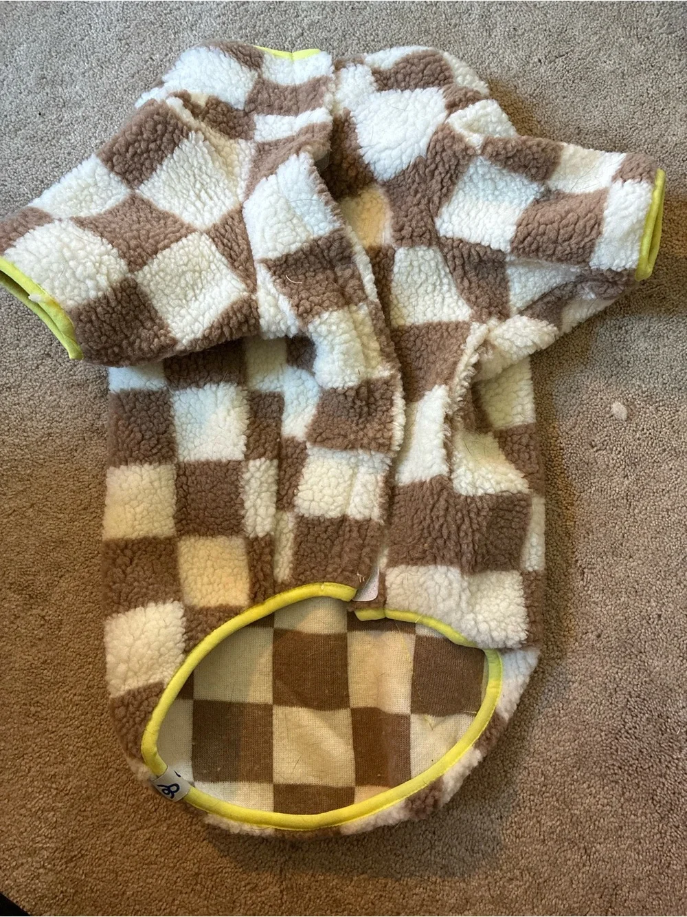Plush Brown & White Check Sherpa Dog Vest with Yellow Trim